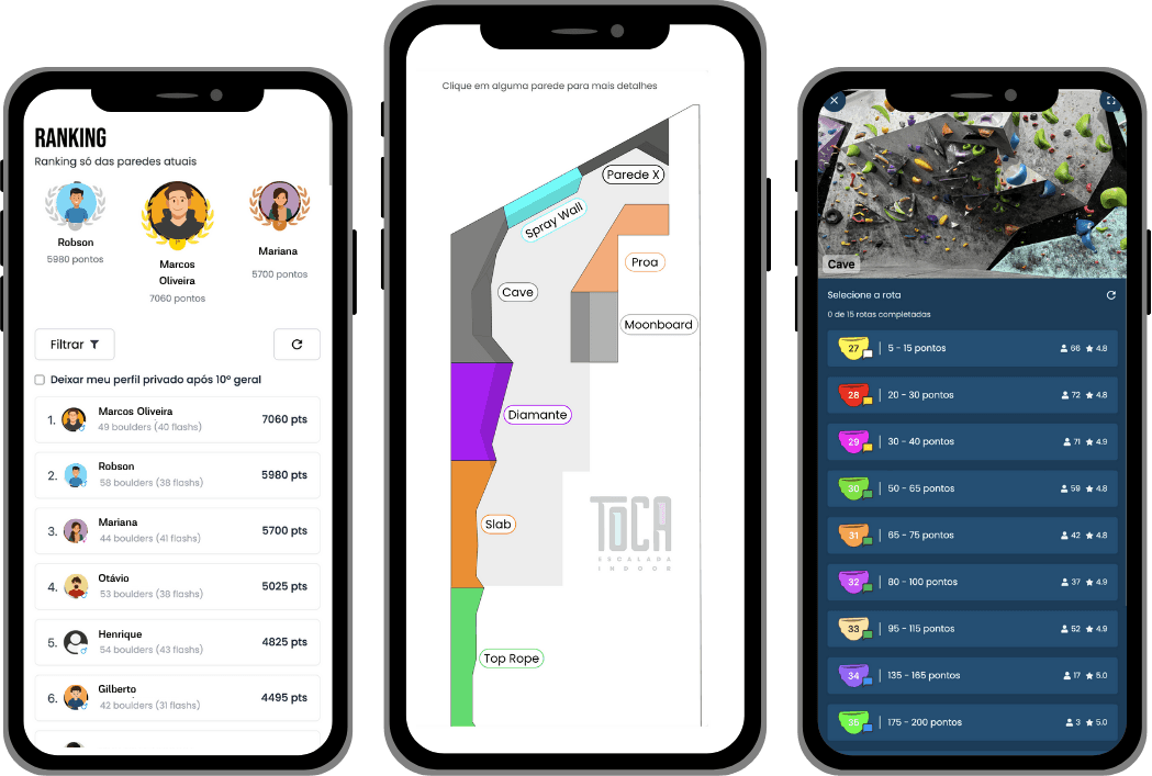 Telas do TopClimbing — ranking, competição e mapa de vias